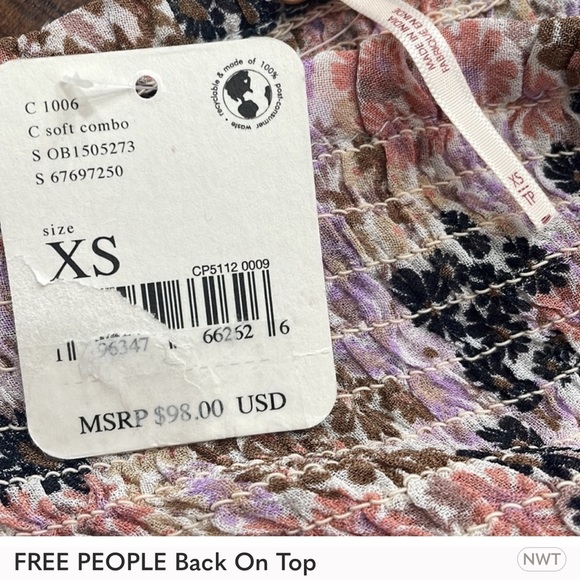 FREE PEOPLE NWT floral rushed with sheer Sleeves Top. - Picture 5 of 7